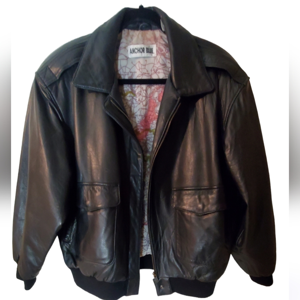 Anchor Blue Black Leather Bomber Jacket in SIZE M